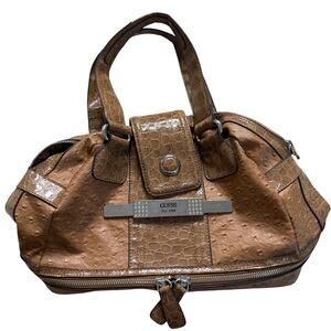 Guess Brown Croc Embossed Satchel Handbag with Rhinestone Logo Plate